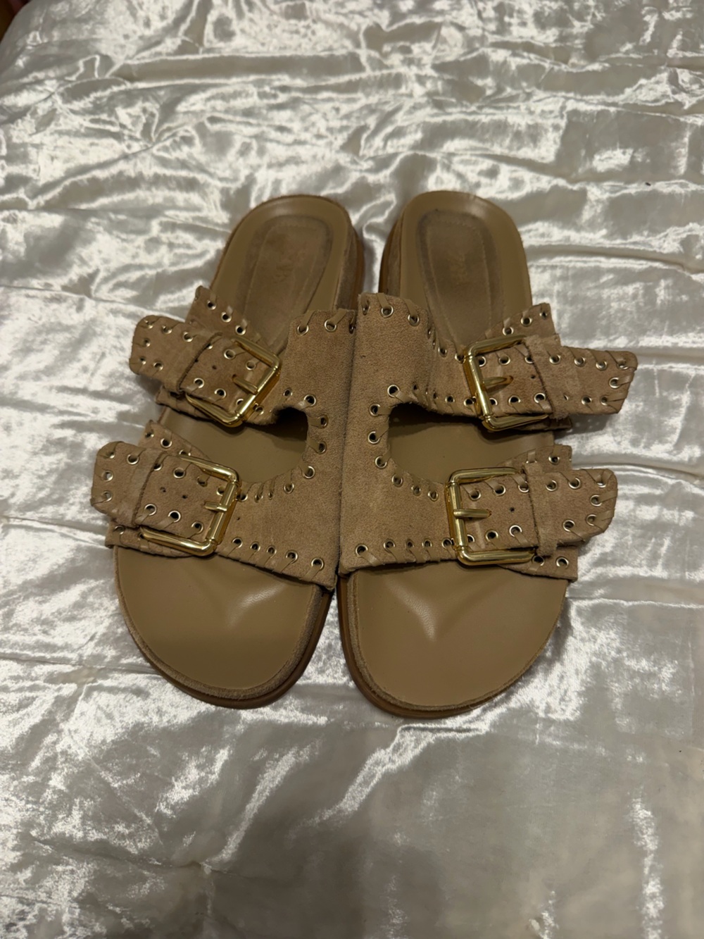 Zara Women's Tan Suede Double-Buckle Slide Sandals